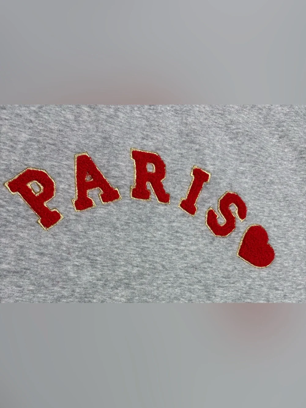 J. Crew Gray Crewneck Sweatshirt with Red 'PARIS' Appliqué and Heart